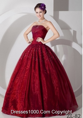 Wine Red Organza Tulle Beading Dress For 2014 Quinceanera
