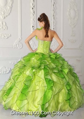 Yellow Green Puffy Strapless Organza Beading Quinceanera Gowns with Ruffles