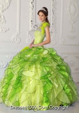 Yellow Green Puffy Strapless Organza Beading Quinceanera Gowns with Ruffles