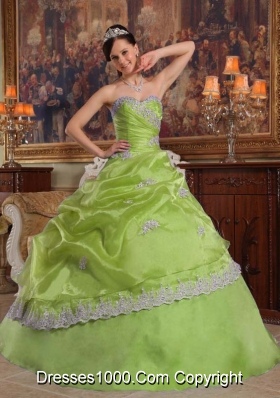 Yellow Green Sweetheart Appliques Organza Quince Dresses