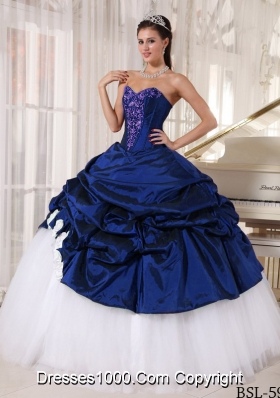 2014 Ball Gown Sweetheart Pick-ups and Appliques Blue and White Sweet 16 Dresses