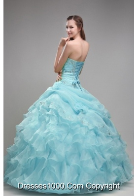 2014 Beautiful Baby Blue Ball Gown Strapless Beading  Quinceanera Dress with Ruffles