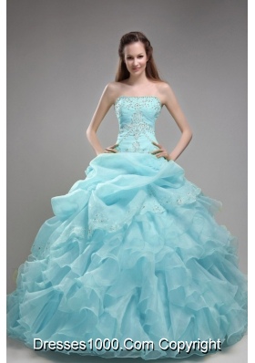 2014 Beautiful Baby Blue Ball Gown Strapless Beading  Quinceanera Dress with Ruffles