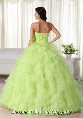 2014 Yellow Green Sweetheart Organza Appliques and Ruffles Dresses For a Quinceanera