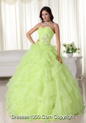 2014 Yellow Green Sweetheart Organza Appliques and Ruffles Dresses For a Quinceanera