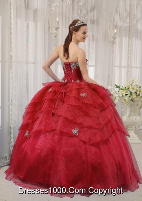 Appliques Strapless Organza Beading and Layers Wine Red Dresses Of 15