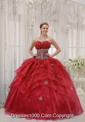 Appliques Strapless Organza Beading and Layers Wine Red Dresses Of 15