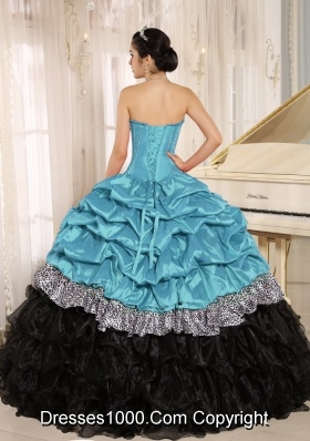 Aqua and Black Sweetheart Ruffles Quinceanera Dress With Floor-length