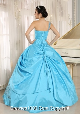 Aqua Blue Quinceanera Dress One Shoulder With Appliques and Beading 2014