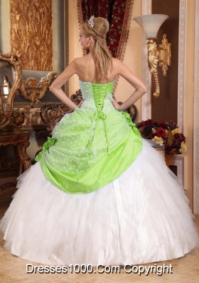 Beautiful Strapless Hand Made Flowers Green and White Quinceanera Gowns