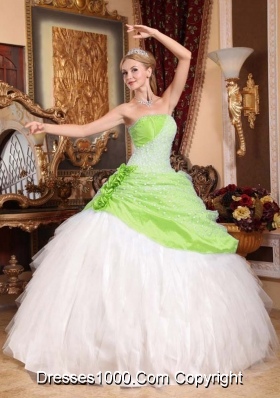 Beautiful Strapless Hand Made Flowers Green and White Quinceanera Gowns