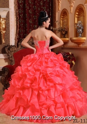 Coral Red Organza Beading and Appliques Quinceanera Gown with Ruffles