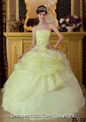 Elegant Strapless Organza Beading and Pick-ups for Yellow Green Quinceanera Dresses