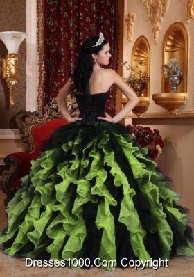 Exclusive Sweetheart Organza Beaded Green and Black Quinceanera Gown with Ruffles