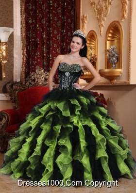 Exclusive Sweetheart Organza Beaded Green and Black Quinceanera Gown with Ruffles