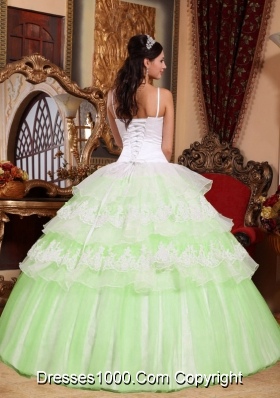 Green and White Appliques Quinceanera Gown Dresses with Spaghetti Straps