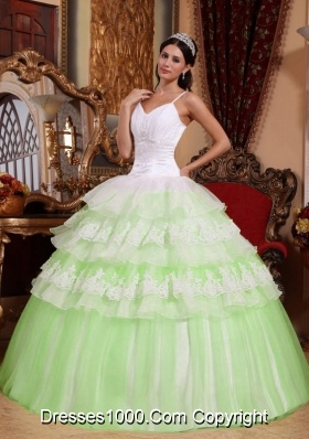 Green and White Appliques Quinceanera Gown Dresses with Spaghetti Straps