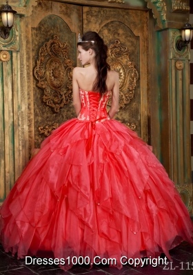 Hot Sale Appliques Organza Coral Red Sweet Sixteen Quinceanera Dresses