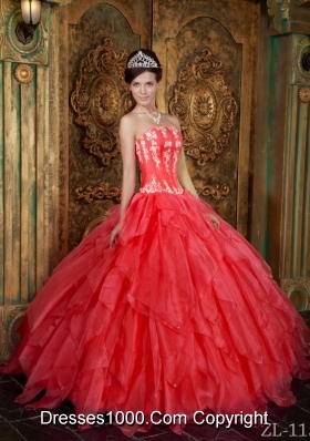 Hot Sale Appliques Organza Coral Red Sweet Sixteen Quinceanera Dresses