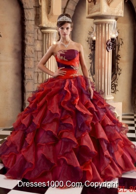 Multi-color Strapless Organza Ruffles Quinces Dresses with Appliques