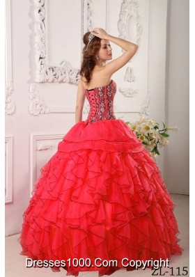 New Style Red Sweetheart Organza Ruffles and Beading Sweet 15 Dresses