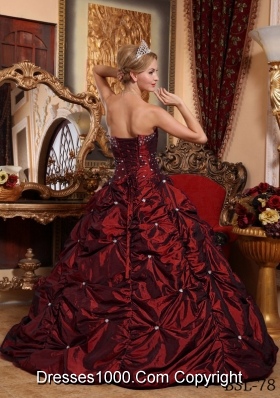 Princess Strapless Taffeta Beading Wine Red Quinceanera Gowns