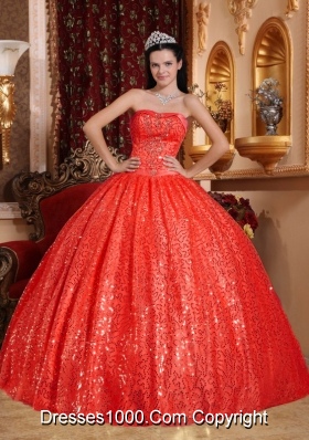 Puffy Discount Strapless Sequined Red Quinceneara Dresses