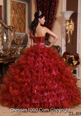 Puffy Sweetheart Organza Ruffles and Beading Wine Red Dresses Of 15