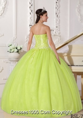 Puffy Yellow Green Strapless Appliques Sweet 15 Dresses