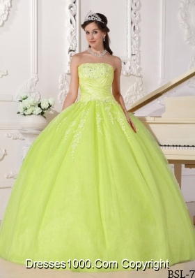 Puffy Yellow Green Strapless Appliques Sweet 15 Dresses