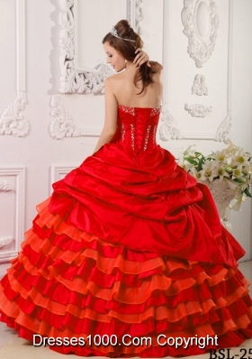 Red Puffy Strapless Taffeta Beading and Layers Sweet 16 Dresses