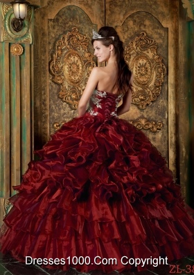 Strapless Organza Ruffles and Appliques Wine Red Quinceanera Dress