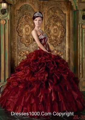 Strapless Organza Ruffles and Appliques Wine Red Quinceanera Dress