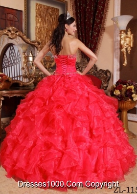 Sweetheart Organza Beading and Ruffles Red Quinceaneras Dress