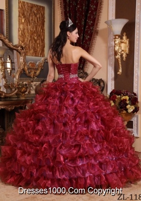 Sweetheart Organza Beading and Ruffles Wine Red Quinceanera Gown Dresses