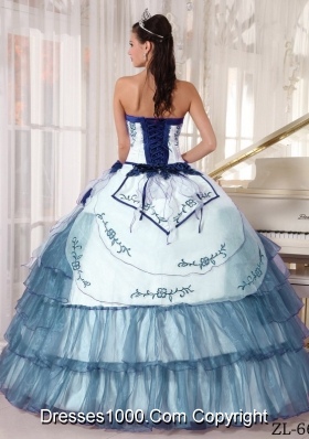 White and Blue Ball Gown Sweetheart Quinceanera Dress with Embroidery Ruffled Layers