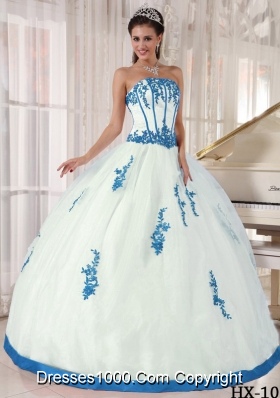 White Ball Gown Strapless Satin and Organza Quinceanera Gowns Dresses with Appliques