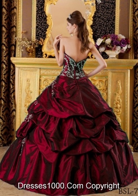 Wine Red Sweetheart Taffeta Appliques and Pick-ups Quinceanera Dress