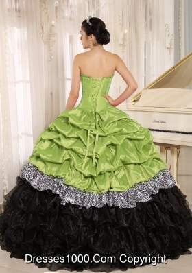 Yellow Green and Black Sweetheart Ruffles and Pick-ups Dresses For Quinceaneras