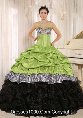 Yellow Green and Black Sweetheart Ruffles and Pick-ups Dresses For Quinceaneras
