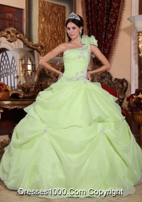 Yellow Green One Shoulder Organza Appliques Cheap Sweet Sixteen Dresses On Sale