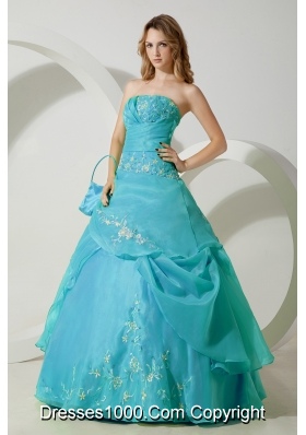 2014 Aqua Blue Ball Gown Strapless Embroidery Quinceanera Dress