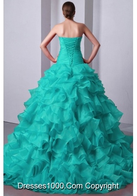 2014 Beading Quinceanea Dress in Blue Princess Sweetheart Brush Train with Ruffles