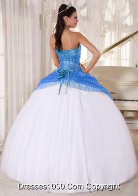 Ball Gown Halter Top Tulle Sequins Blue and White Quinceanera Dress