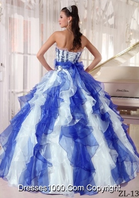 Ball Gown Quinceanera Dress with Strapless Blue and White Beading Appliques