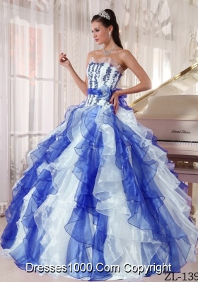 Ball Gown Quinceanera Dress with Strapless Blue and White Beading Appliques