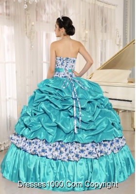 Beaded and Pick-ups For Aqua Blue Quinceanera Dress Taffeta and Printing