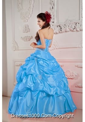 Blue Ball Gown Strapless Floor-length Taffeta Beading Quinceanera Dress