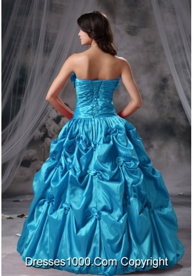 Hand Made Flowers Ruching Ball Gown in Aqua Blue Strapless Quinceanera Dresses