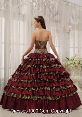 Princess Leopard Sweetheart Layers Burgundy Dresses Quinceanera